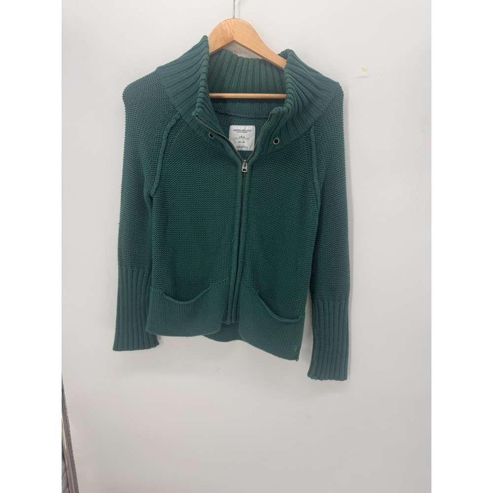 Vintage American Eagle Y2K Green Chunky Knit Zip Cardigan Sweater M Cottagecore